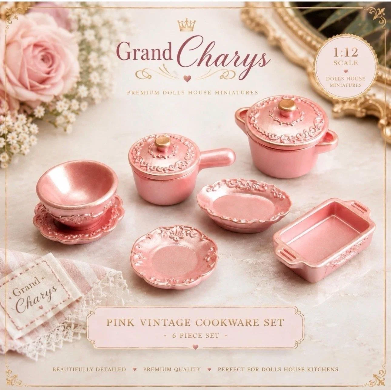 1:12 Scale Pink Vintage Cookware Set | Embossed Miniature Dollhouse Kitchen Accessories