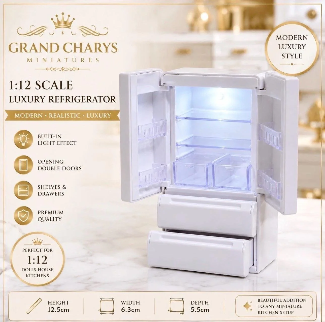 White Miniature Refrigerator | Working Light, 1:12 Scale Dollhouse Appliance