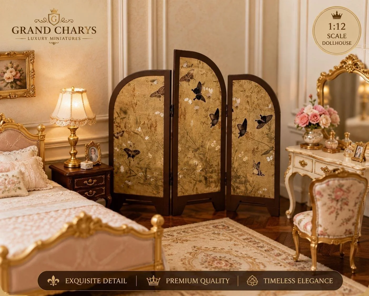 1:12 Scale Butterfly Folding Screen | Miniature Room Divider, Dollhouse Furniture