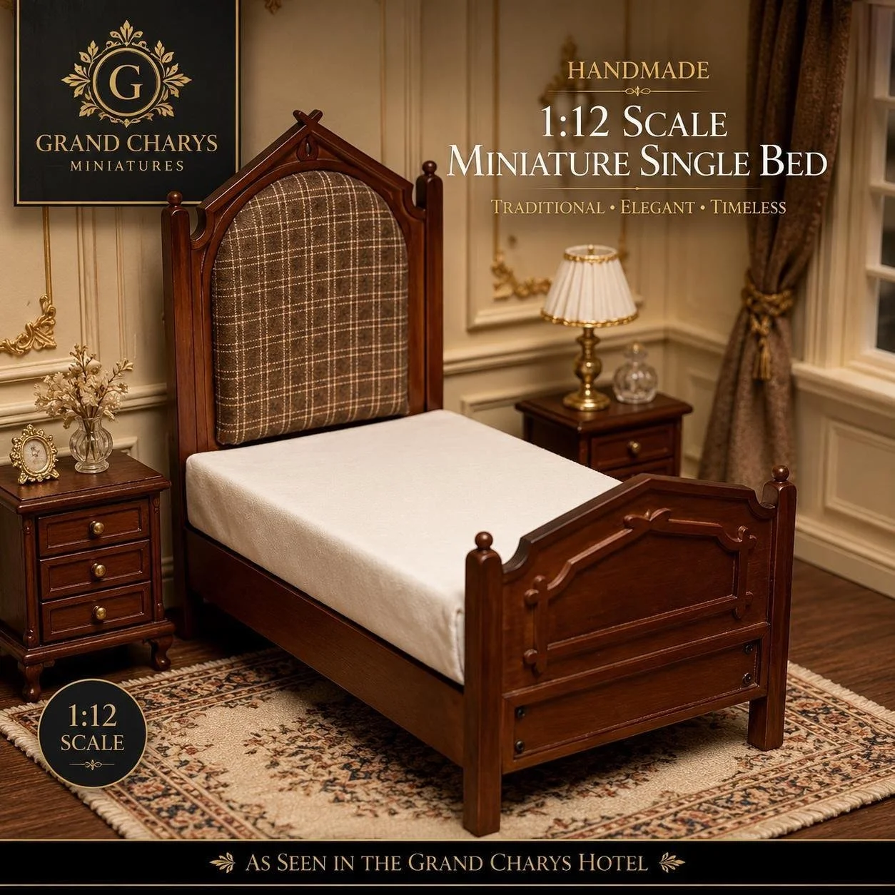 Handmade 1:12 Scale Miniature Wooden Single Bed | Walnut Effect, Upholstered Headboard