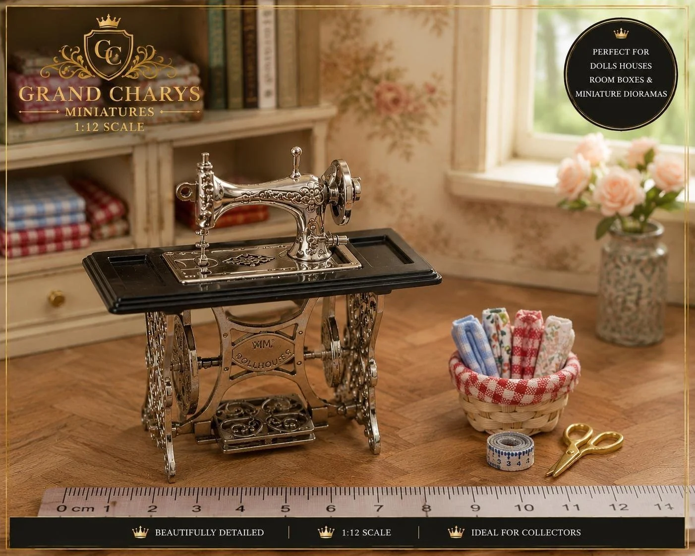 1:12 Scale Vintage Metal Sewing Machine Basket Set | Dollhouse Sewing Room Accessories