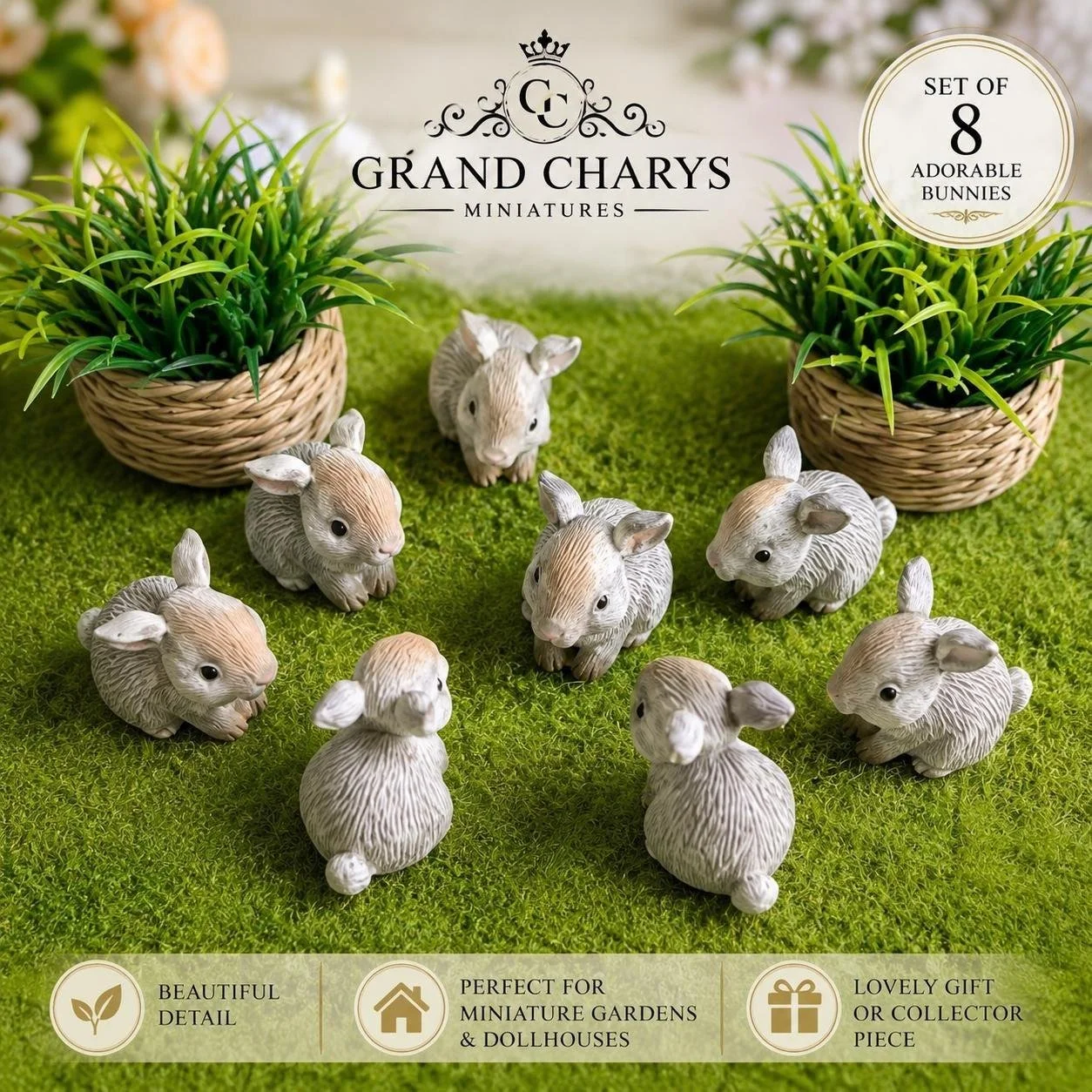 Set of 8 Miniature Resin Rabbits | 1:12 Scale Dollhouse Garden Animals