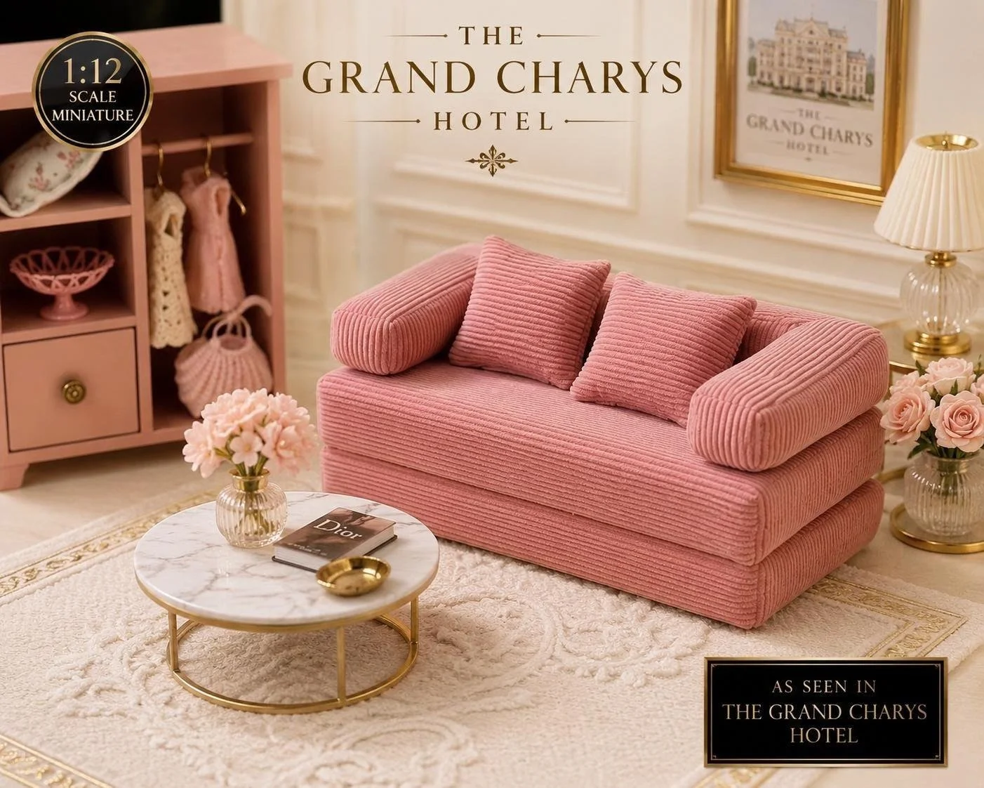 Pink Corduroy Modular Sofa | 1:12 Scale Dolls House Living Room Furniture