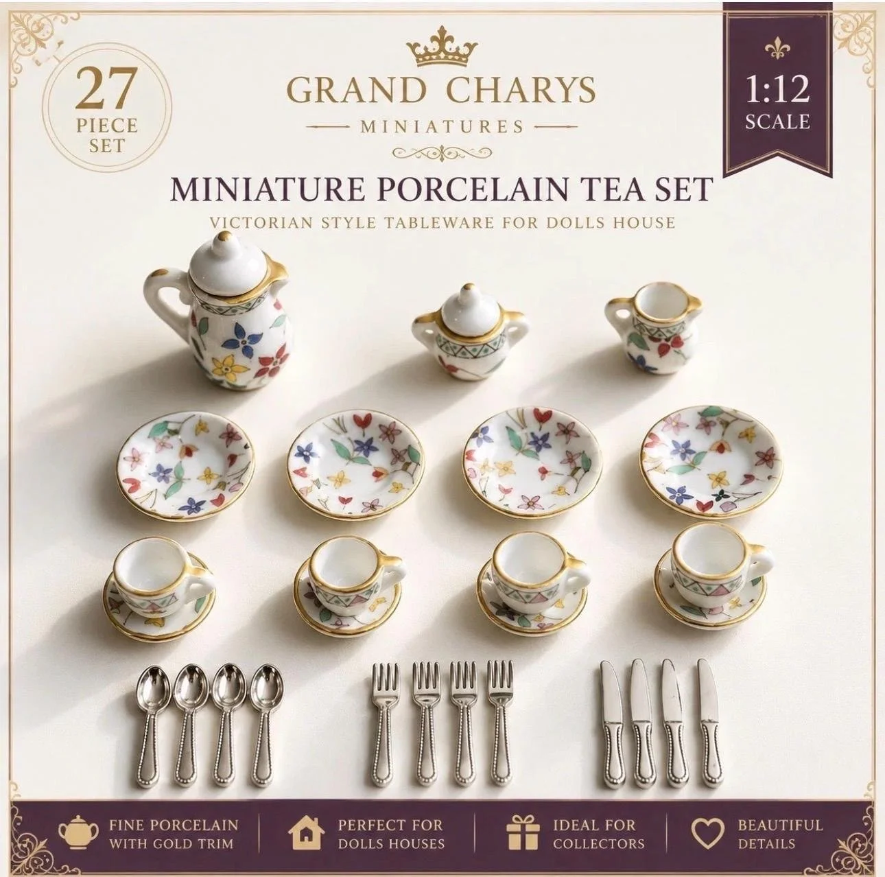 1:12 Scale Victorian Porcelain Tea Set | 27 Piece Miniature Tableware