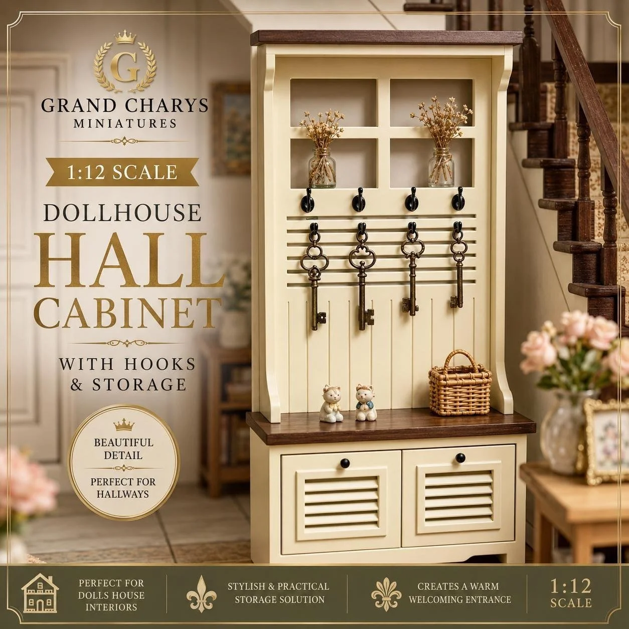 1:12 Scale Dollhouse Hall Cabinet | Cream Farmhouse Entryway Bench, Coat Hooks, Storage