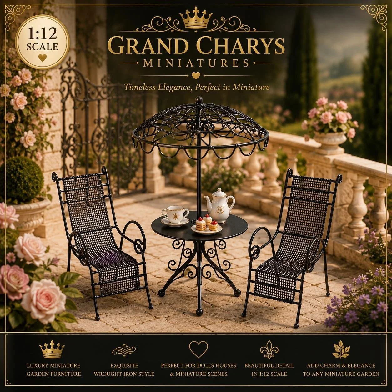 Luxury Wrought Iron Garden Bistro Set | 1:12 Scale Miniature Patio Furniture | Grand Charys Miniatures