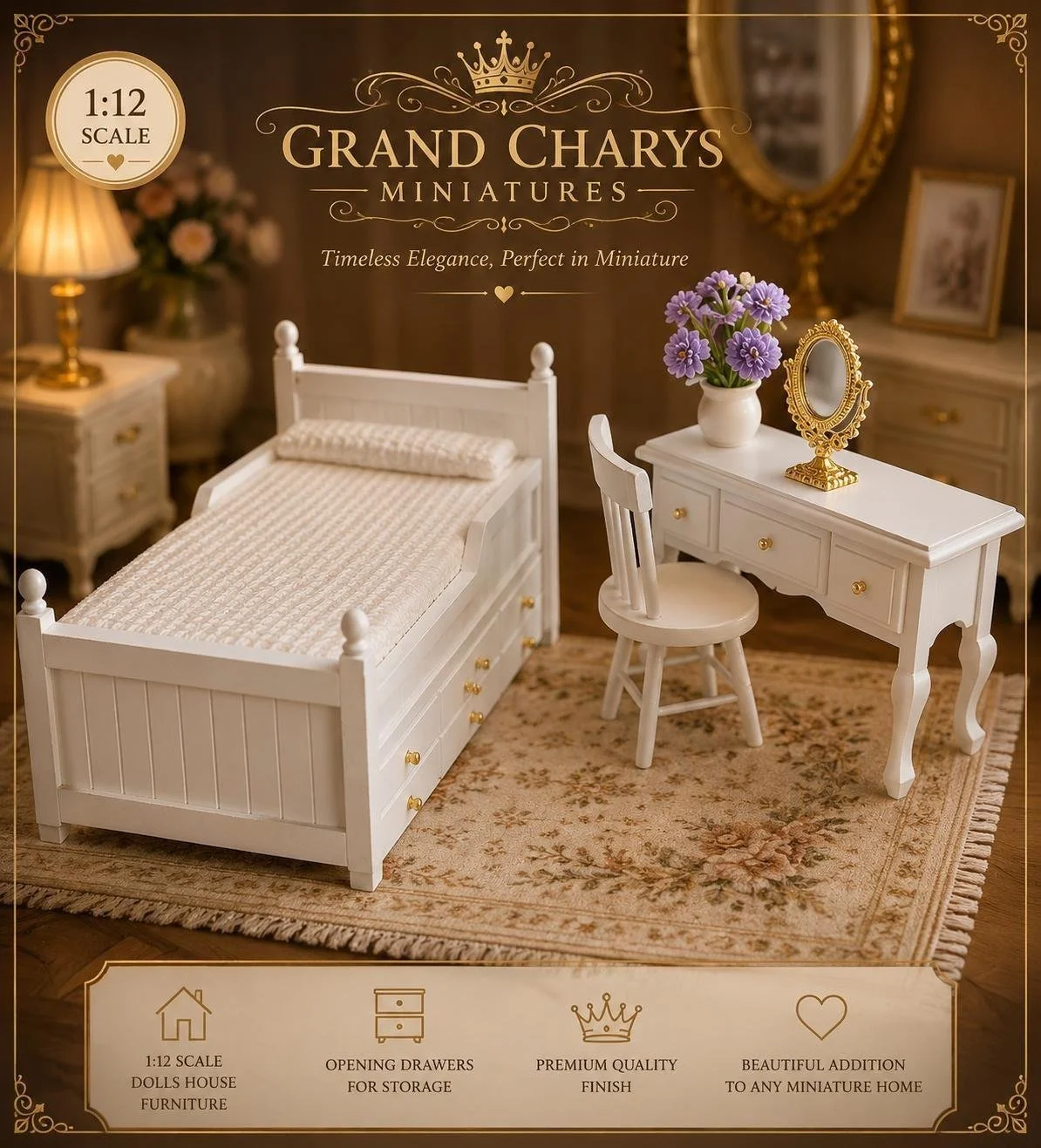 White Dolls House Bedroom Set | Storage Bed, Dressing Table, Mirror (1:12 Scale)