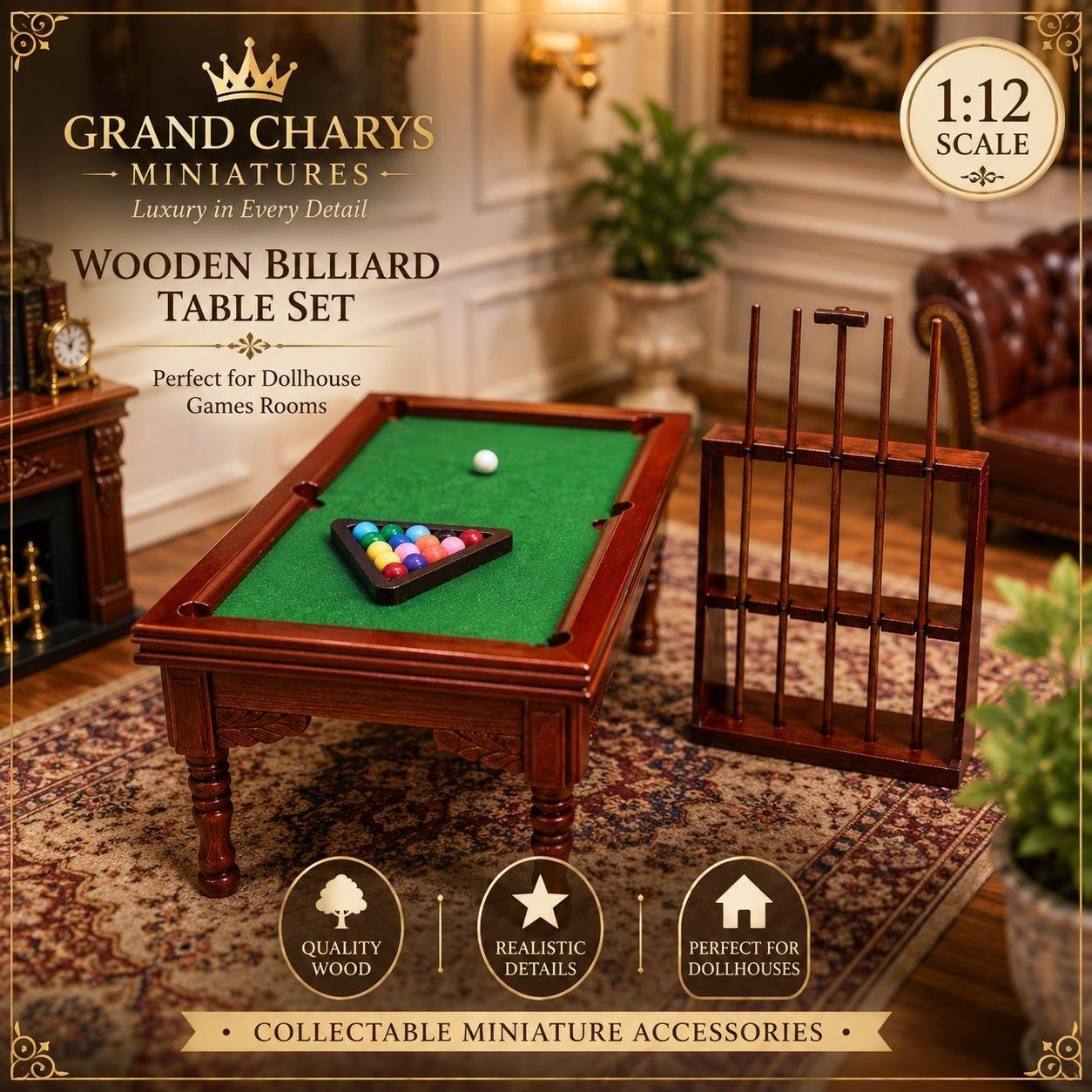 1:12 Scale Wooden Billiard Table Cue Rack Set | Dolls House Miniature Games Room