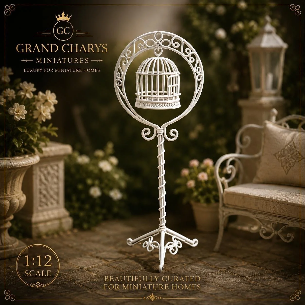 White Metal Bird Cage Stand | 1:12 Scale Dollhouse Conservatory Decor