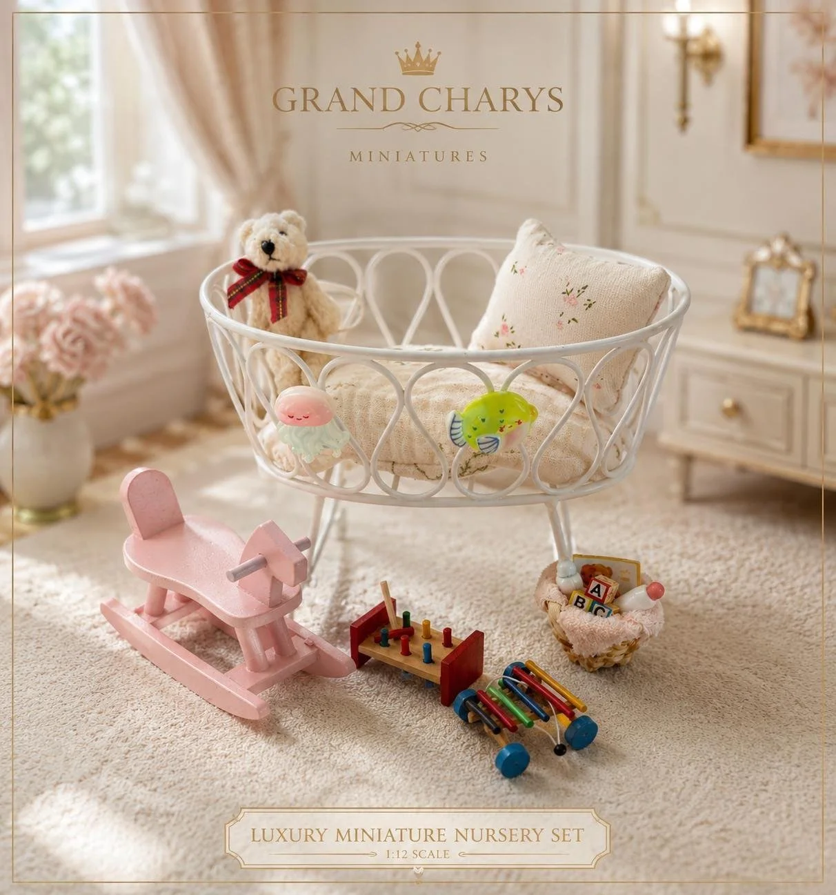 Oversized Miniature Nursery Cot Set | 1:12 Scale Dollhouse Furniture, Rocking Horse, Accessories