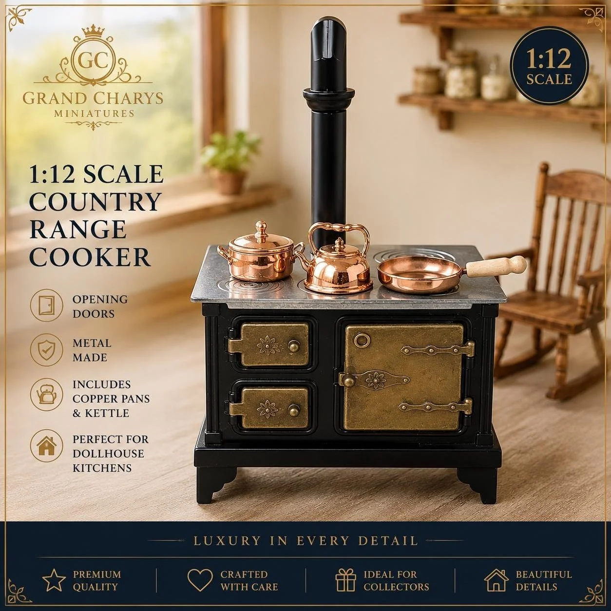 Traditional Metal Range Cooker with 10-Piece Green Cookware Set – 1:12 Scale