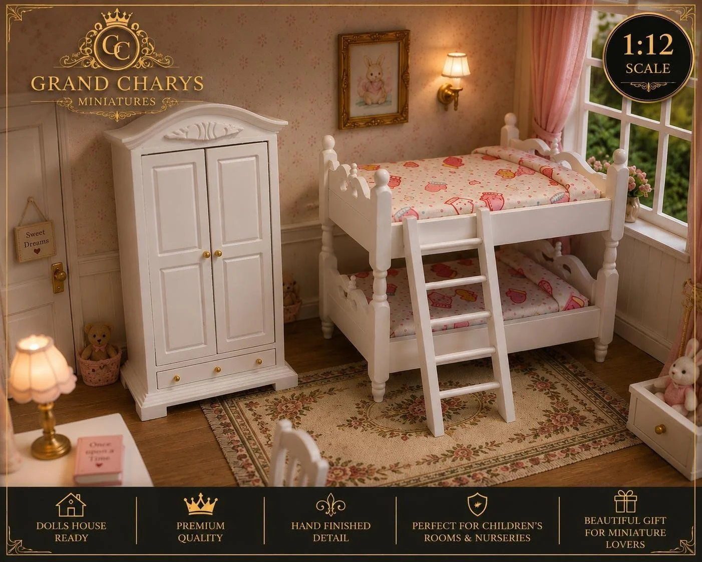 1:12 Scale Wooden Bunk Bed wardrobe  Set | Princess Suite, Opening Drawers, pretty Bedding