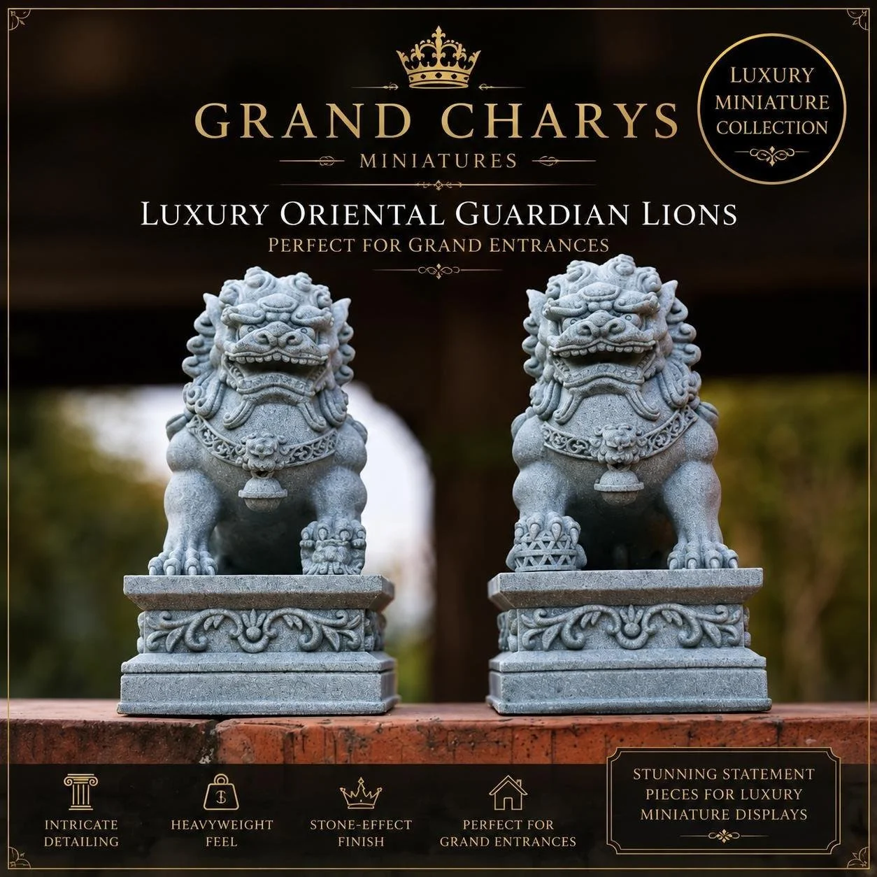 Oriental Guardian Lions Pair, Stone Effect Miniature Statues, Dolls House Entrance Decor