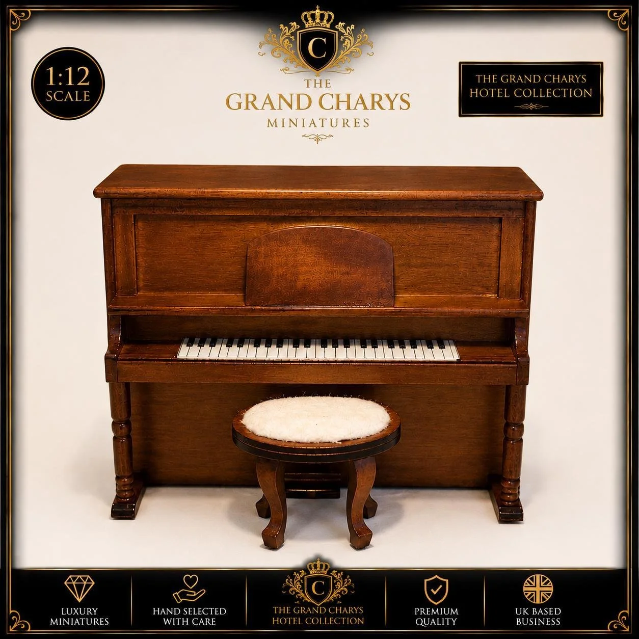 1:12 Scale Miniature Upright Piano with Stool, Luxury Dollhouse Music Room Furniture