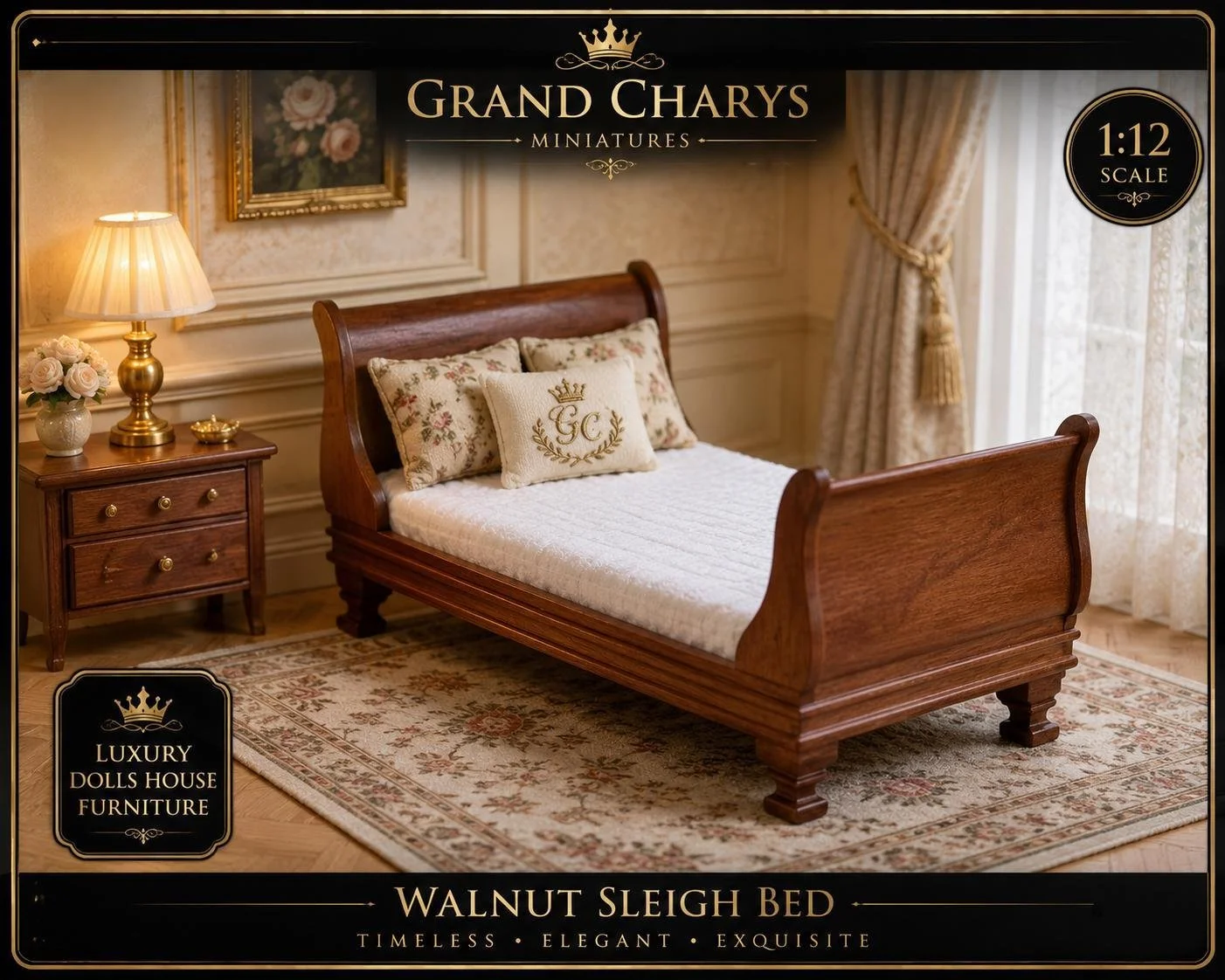 Luxury 1:12 scale dollhouse bedroom with walnut sleigh bed miniature accessories - Grand Charys Miniatures