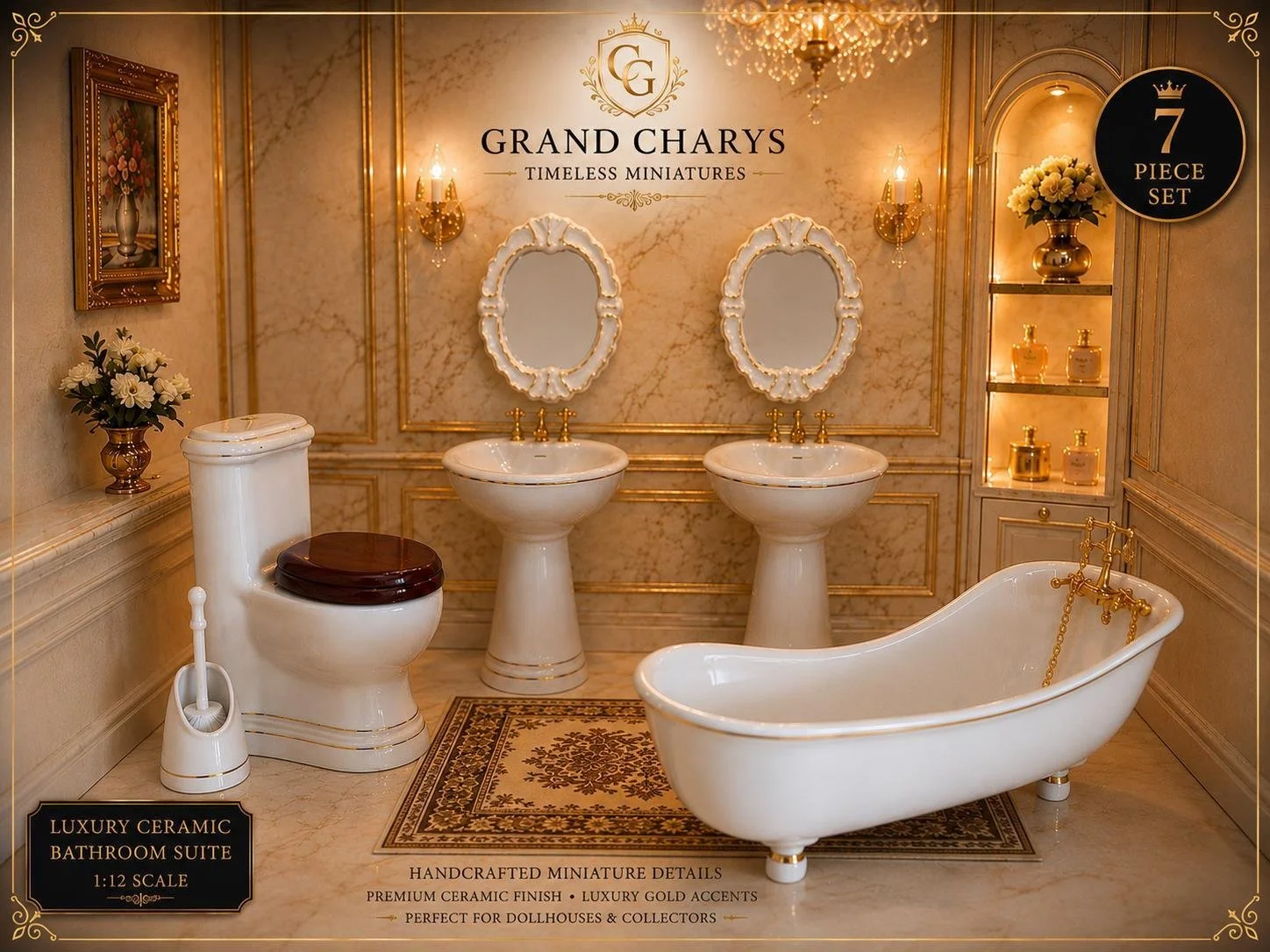 Luxury 1:12 scale dollhouse bathroom with miniature ceramic suite and accessories - Grand Charys Miniatures.