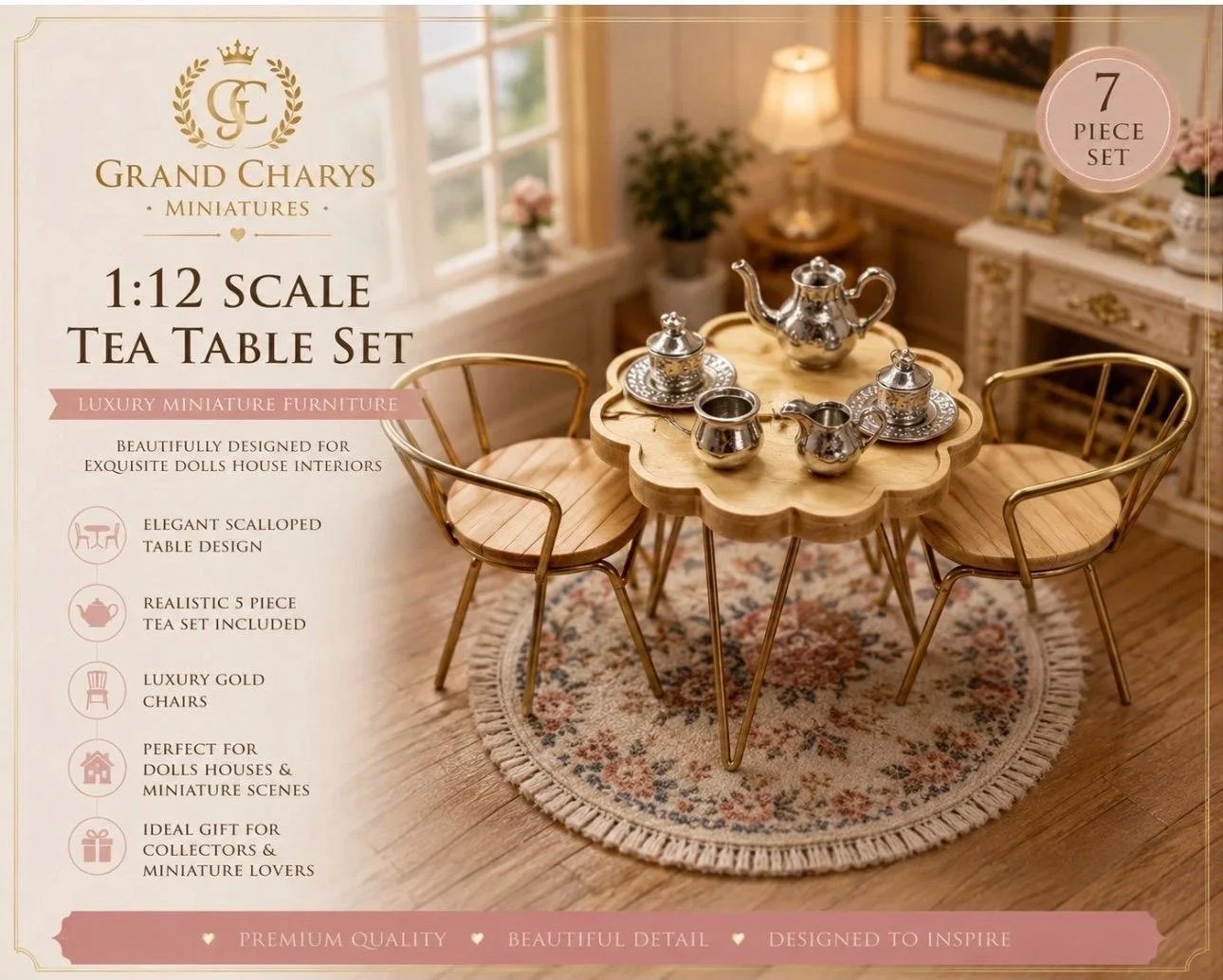 1:12 Scale Table Set | Scalloped Wood Table, Gold Chairs, Silver Tea Service
