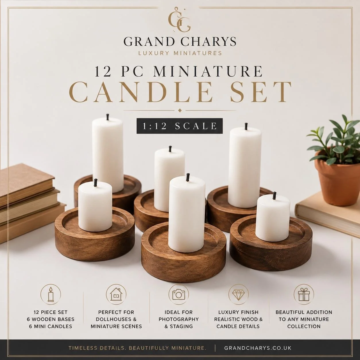 12th Scale Miniature Candle Set  Dollhouse Accessories Wooden Holders 12pcs