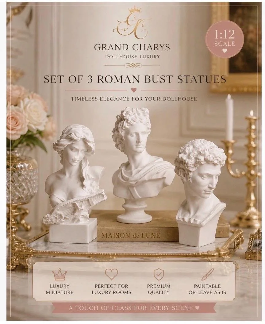 Set of 3 Roman Bust Statues | 1:12 Scale Resin Dolls House Miniatures