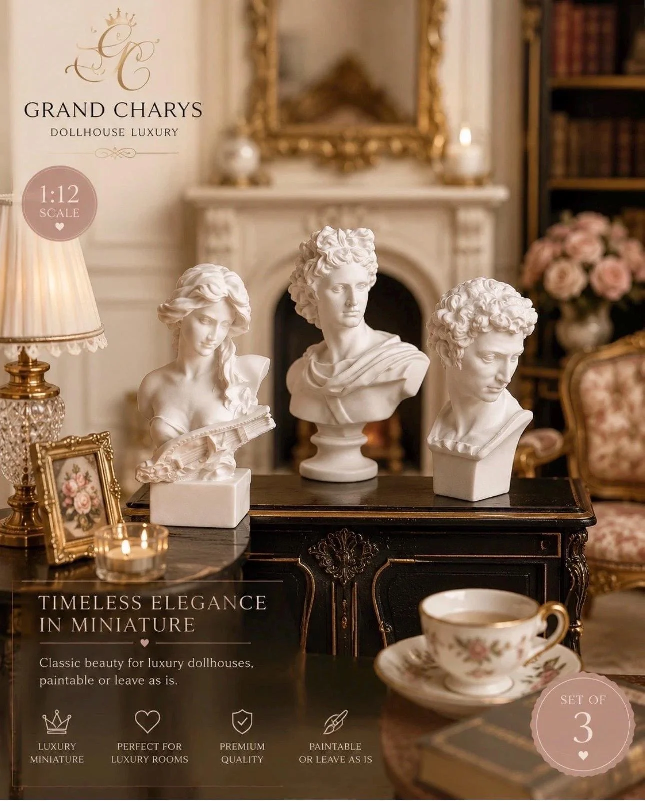 A collection of three white marble bust sculptures of classical figures on a black ornate wooden table in a luxurious room. The background features a marble fireplace with a gilded mirror, floral decorations, and a pink bouquet.