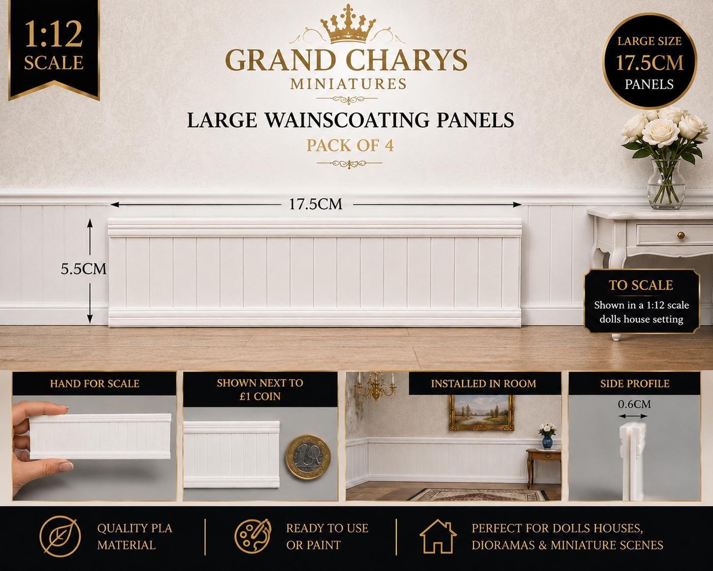 1:12 Scale Wainscoting Panels | Miniature Manor House Wall Moulding (Pack of 4)