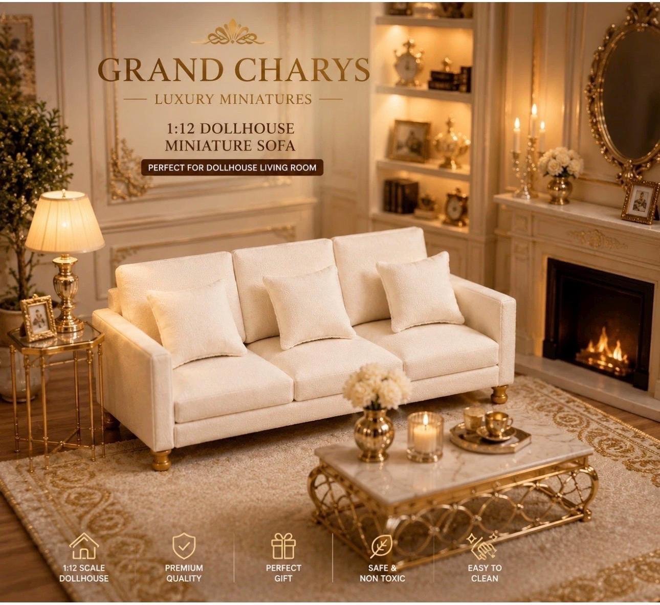 1:12 Scale Cream Miniature Sofa | Luxury Dollhouse Living Room Furniture