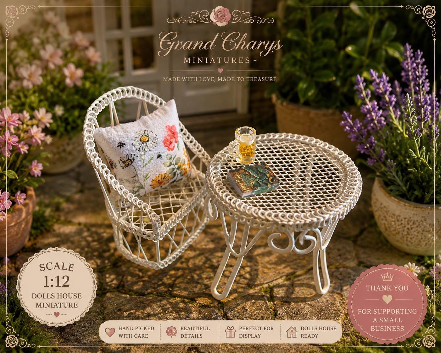 1:12 Scale Miniature Wicker-Style Garden Table Chair Set, Dolls House Patio Furniture