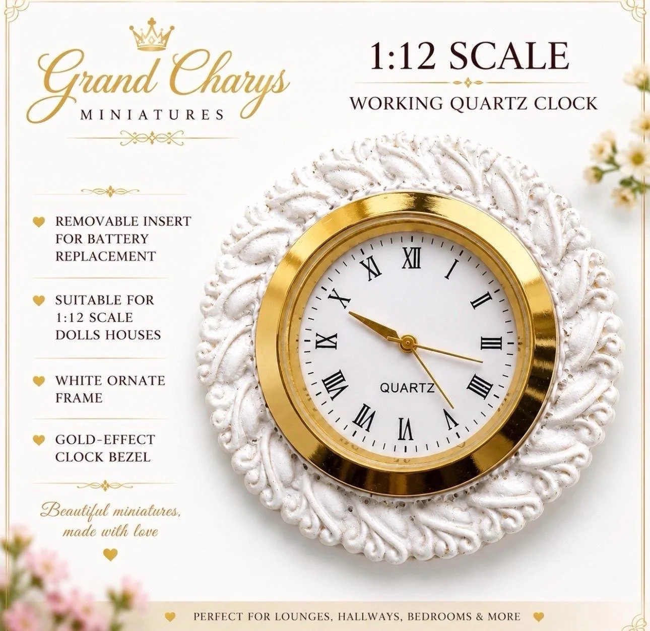 1:12 Scale Ornate Wall Clock | Working Quartz Miniature Dolls House Decor