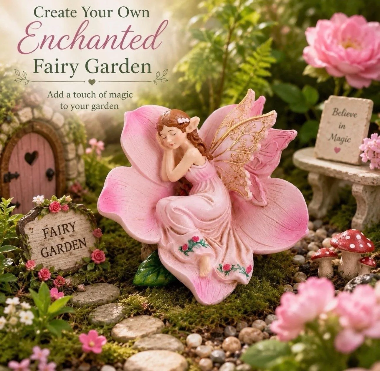 Pink Flower Fairy Ornament | Golden Wings, Hand-Painted Resin Figurine | Garden Decor