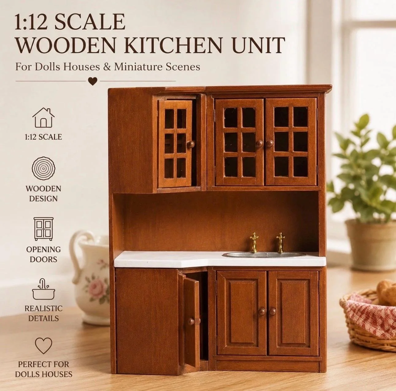 Rustic Aged Wooden Miniature Corner Kitchen with Sink & Breakfast Accessories