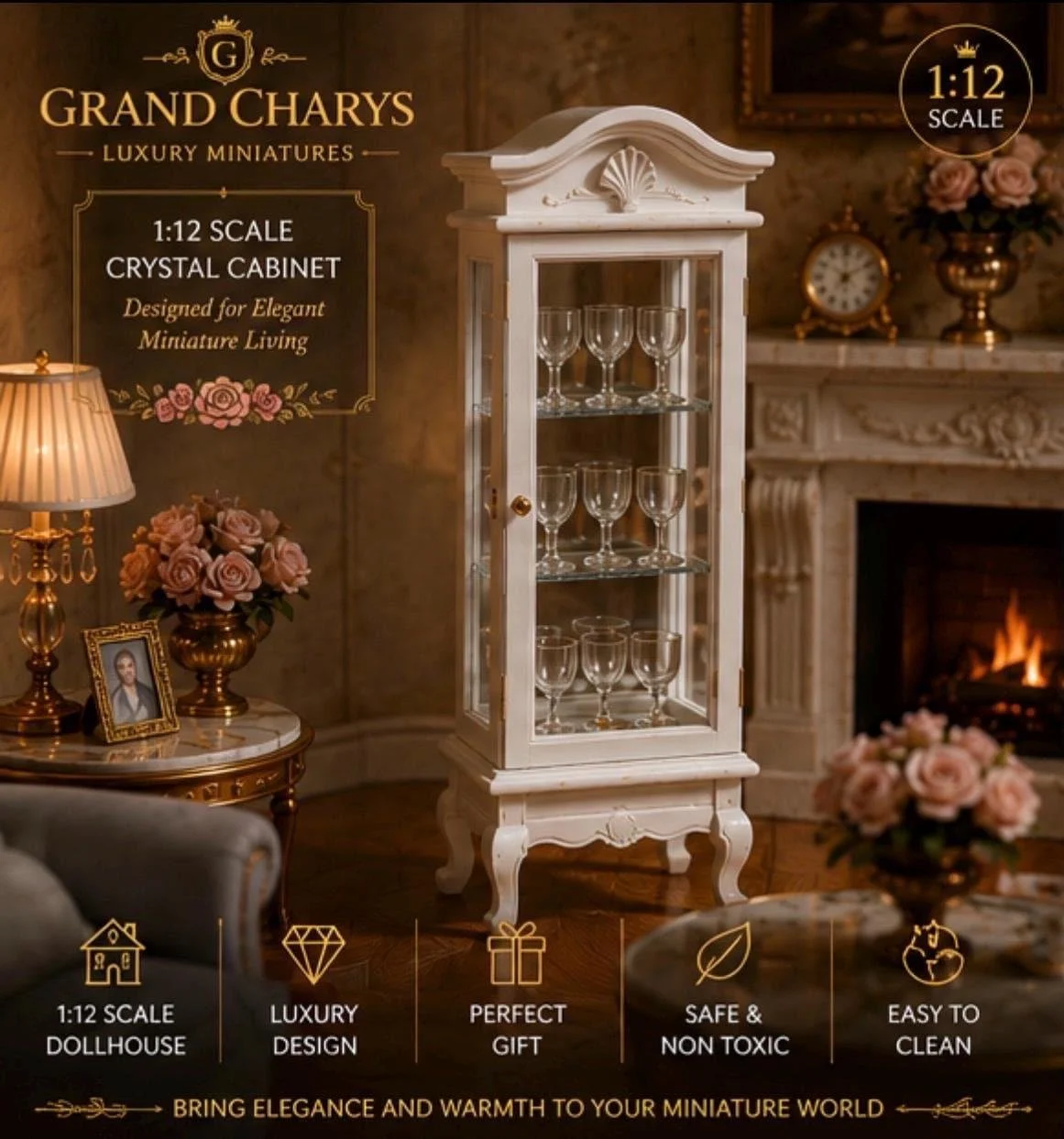 1:12 Scale Display Cabinet with Miniature Glassware | Luxury Dolls House Furniture