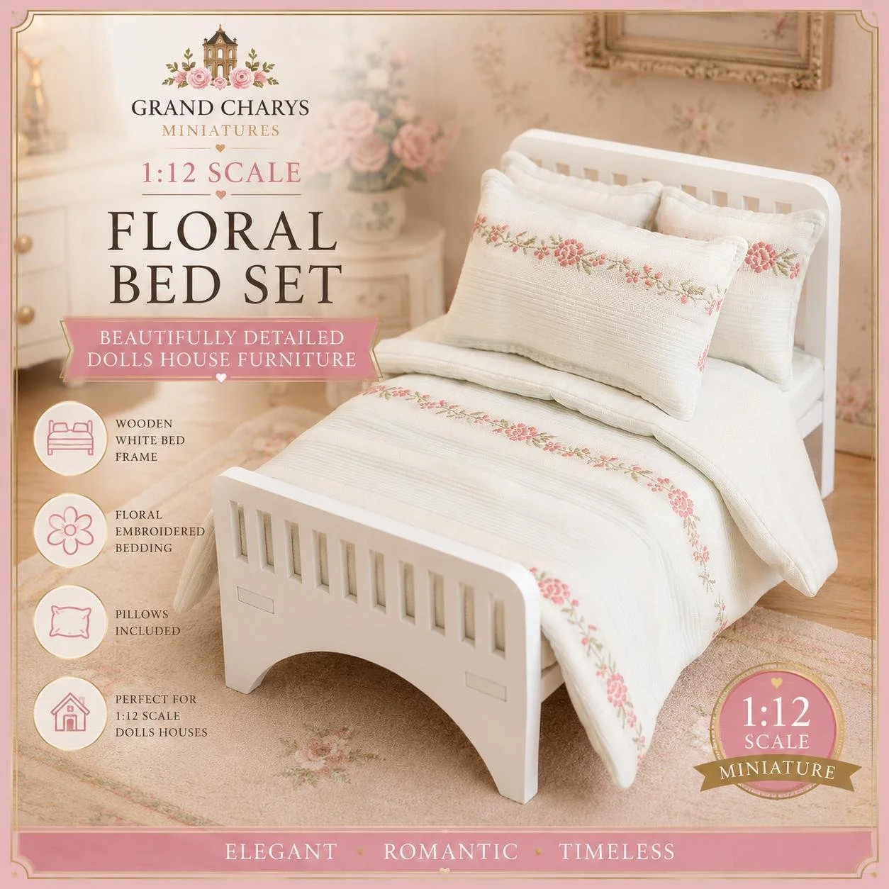 1:12 Scale Floral Embroidered Bed Set Miniature Dolls House Bedroom Furniture