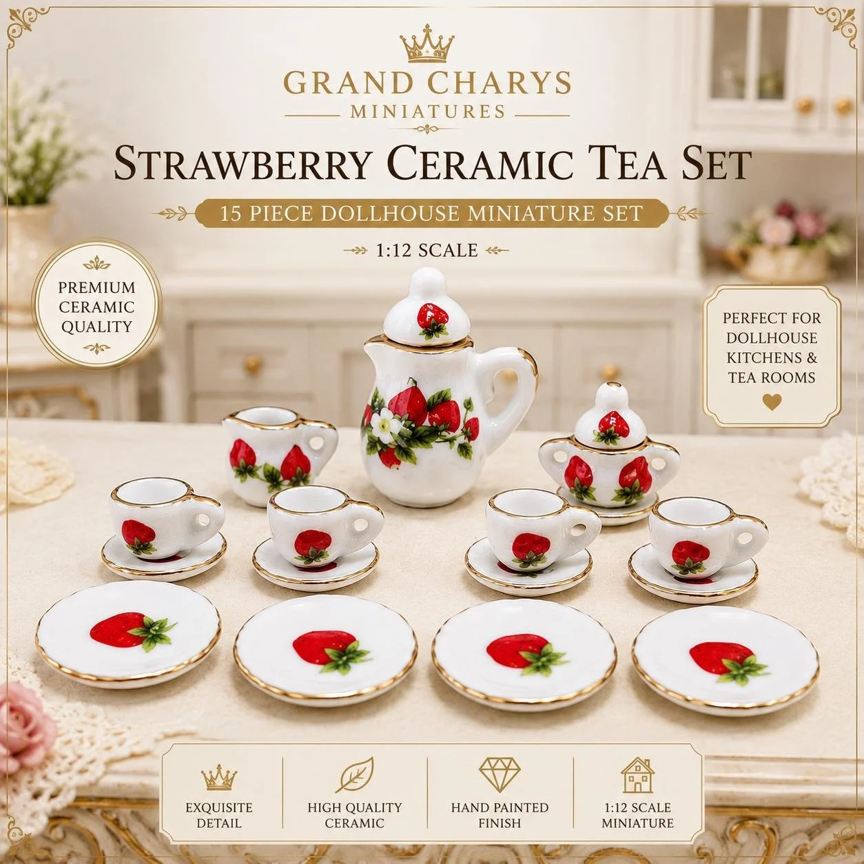 1:12 Strawberry Ceramic Tea Set 15pc Dollhouse Miniature Teapot Cups Plates