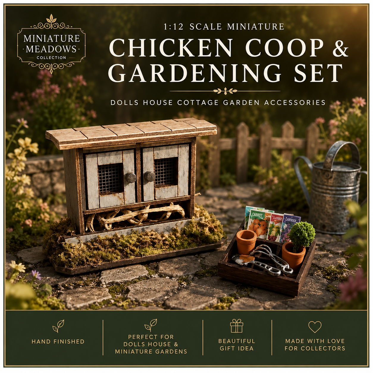 1:12 Scale Miniature Chicken Coop Gardening Set | Dolls House Cottage Garden Accessories