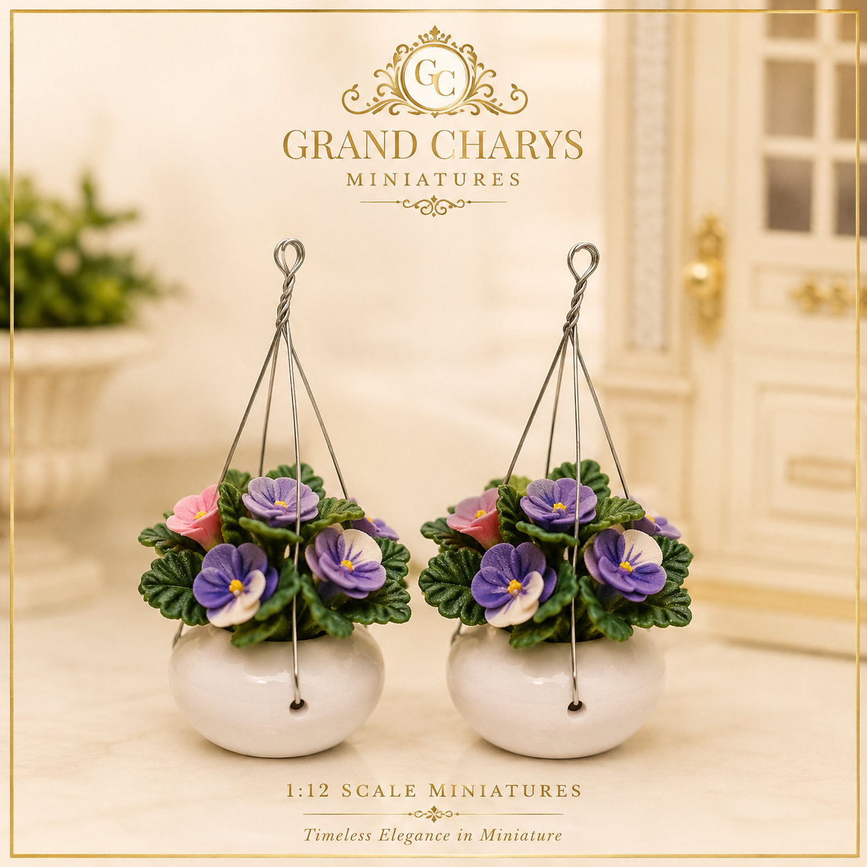 Pair 1:12 Scale Ceramic Hanging Flower Baskets