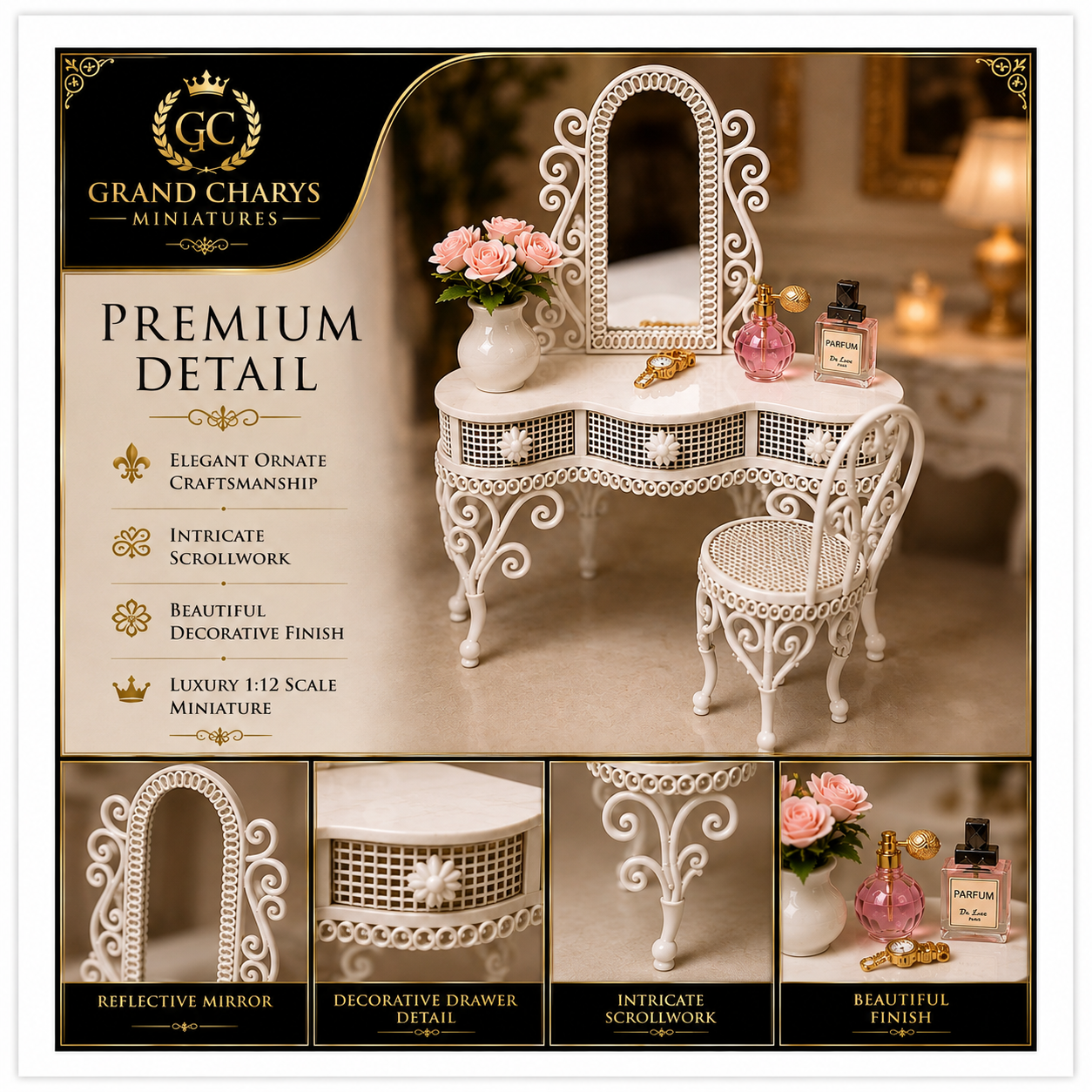 1:12 Dollhouse Dressing Table Set Vanity Mirror, Chair & Miniature Accessories