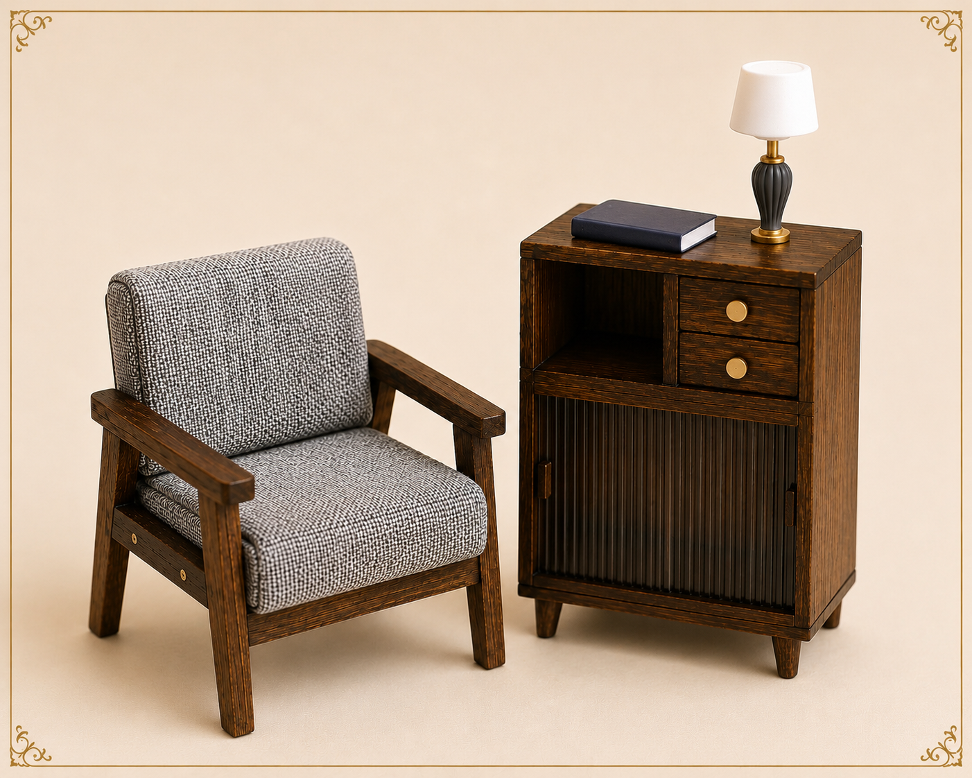Artisan Finished 1:12 Miniature Reading Corner Set Chair Cabinet Lamp Book
