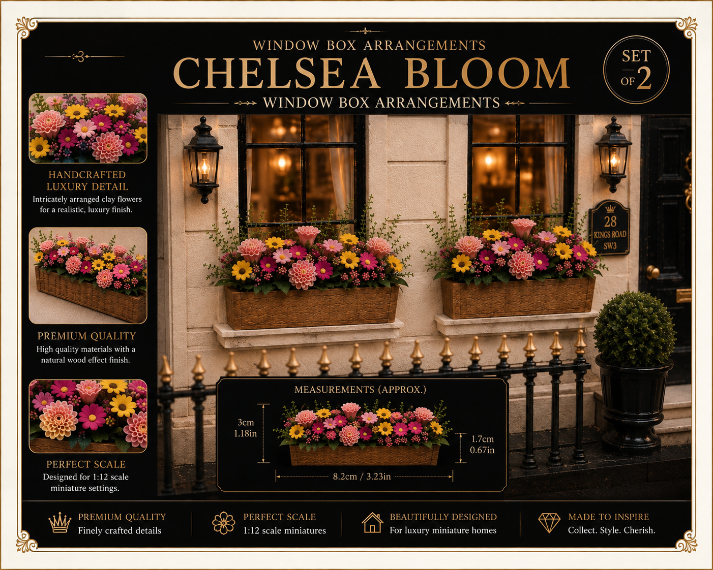 Grand Charys Window Box Arrangements x2 1:12 Scale Luxury Miniature Floral Boxes