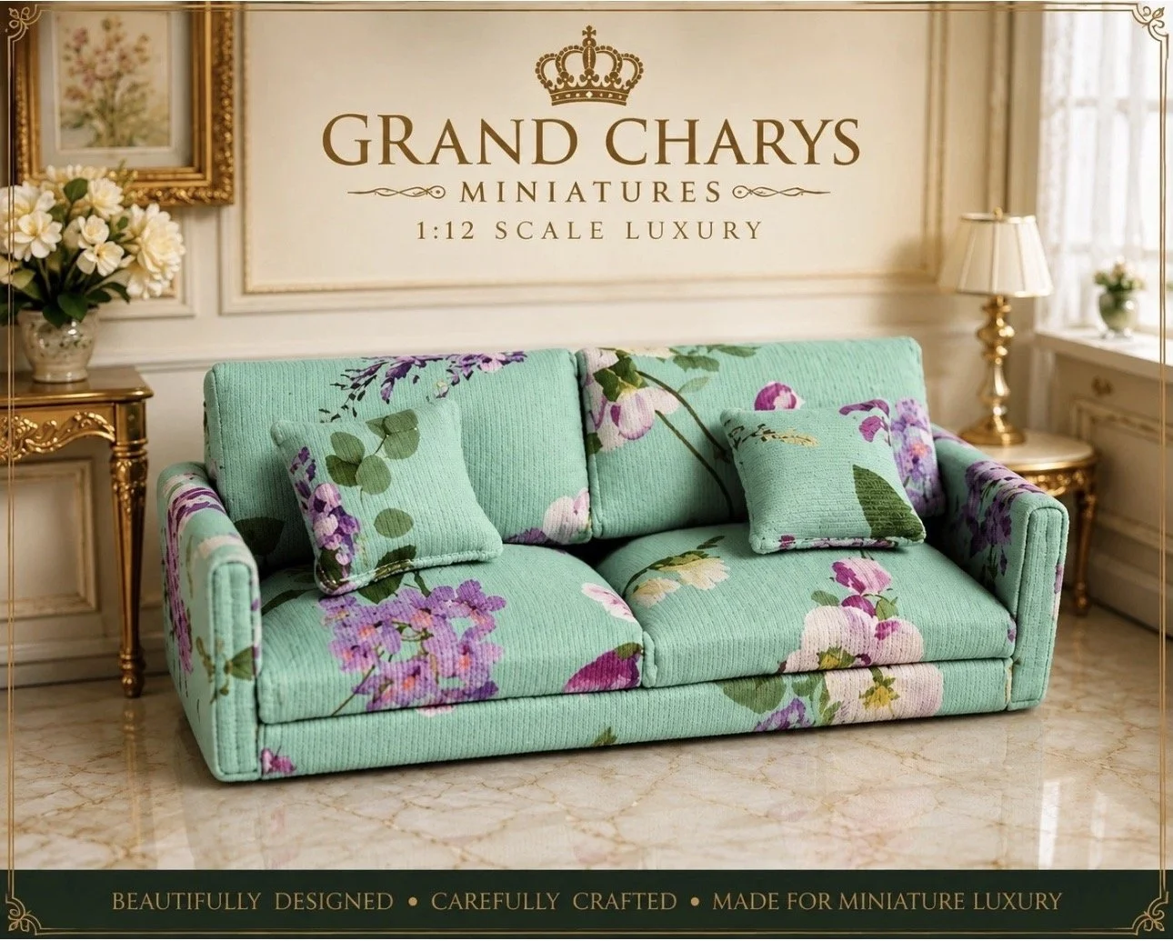 1:12 Scale Floral Sofa | Mint Green pink  Dolls House Couch with Cushions