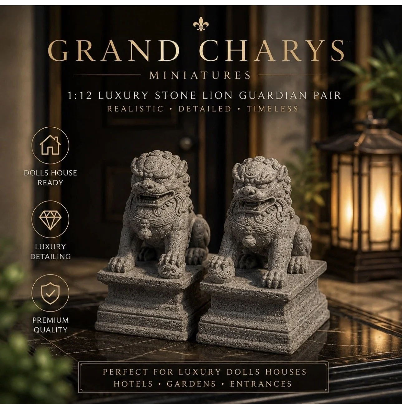 1:12 Scale Stone Lion Guardians | Luxury Dollhouse Entrance Statues, Miniature Hotel Decor
