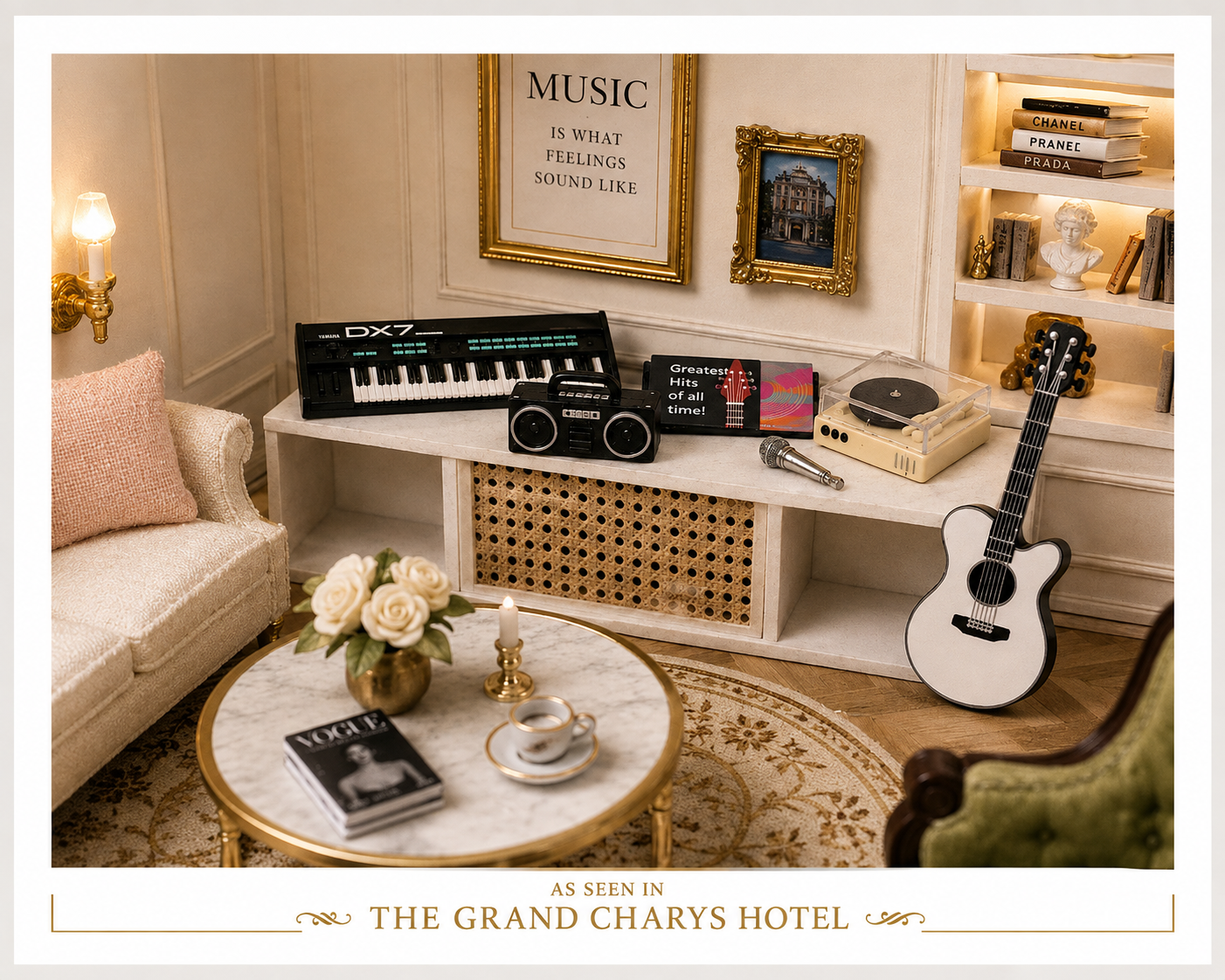 1:12 Scale Miniature Music Set | Keyboard, Guitar, Record Player, Boombox, Vinyl Records
