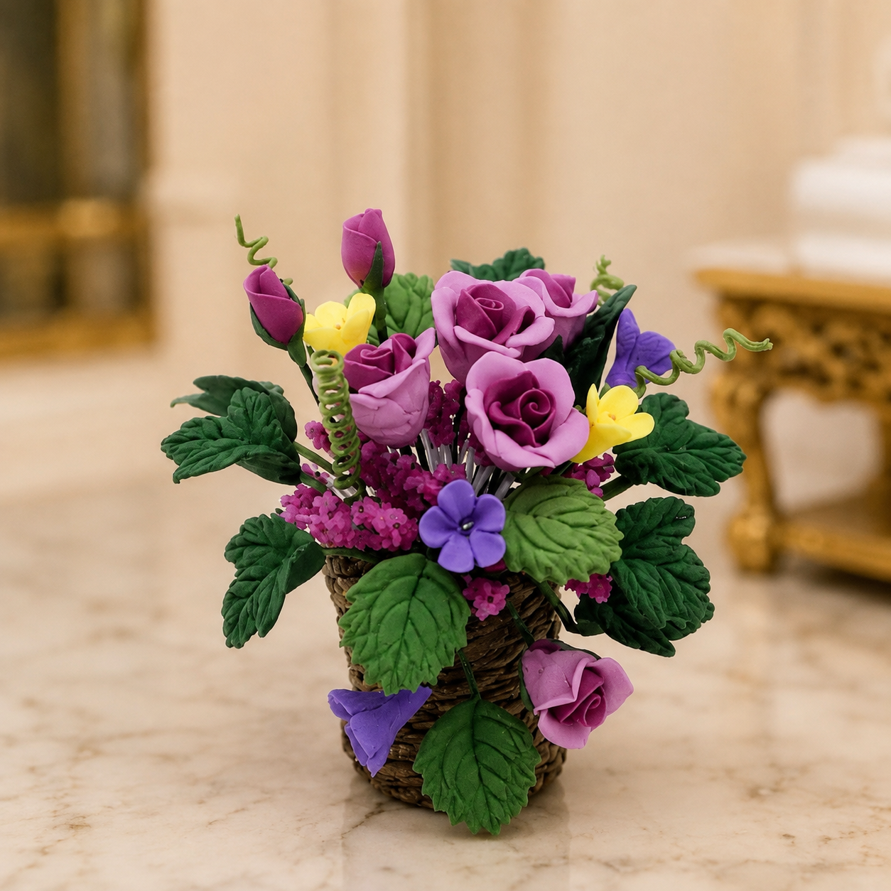 1:12 Scale Miniature Flower Basket | Purple Rose Arrangement, Dolls House Floral Display