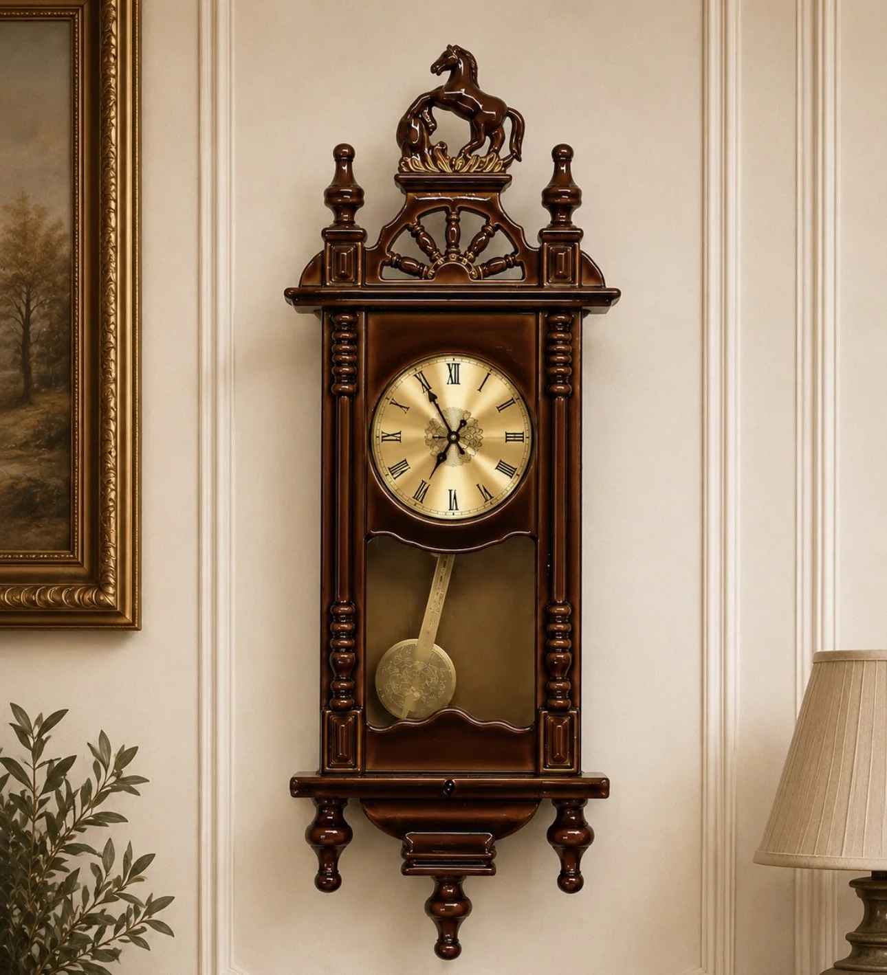 1:12 Scale Ornate Pendulum Wall Clock – Horse Detail Dollhouse Miniature