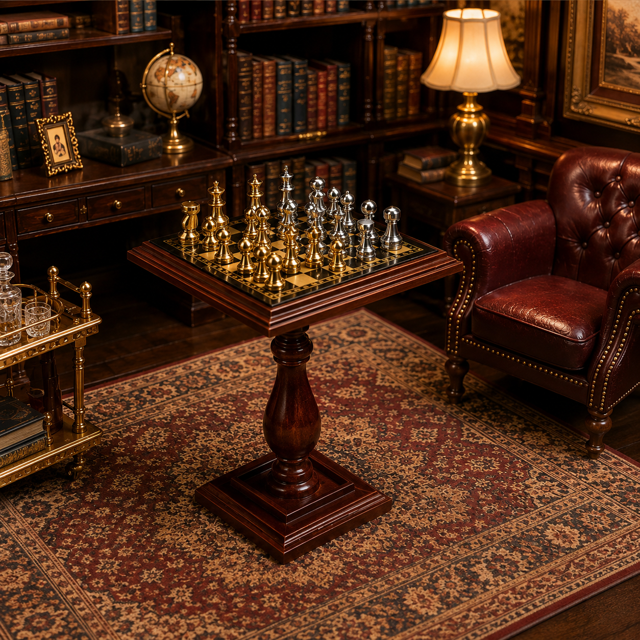 1:12 Scale Luxury Chess Table Set | Gold Silver Pieces, Library Decor