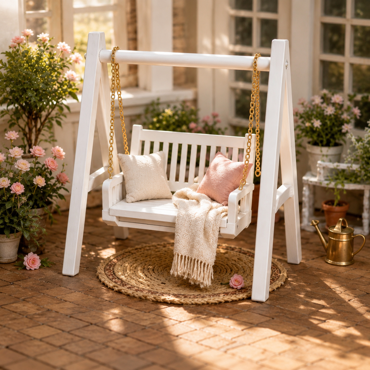 1:12 Scale White Wooden Swing Chair | Dolls House Miniature Patio Furniture