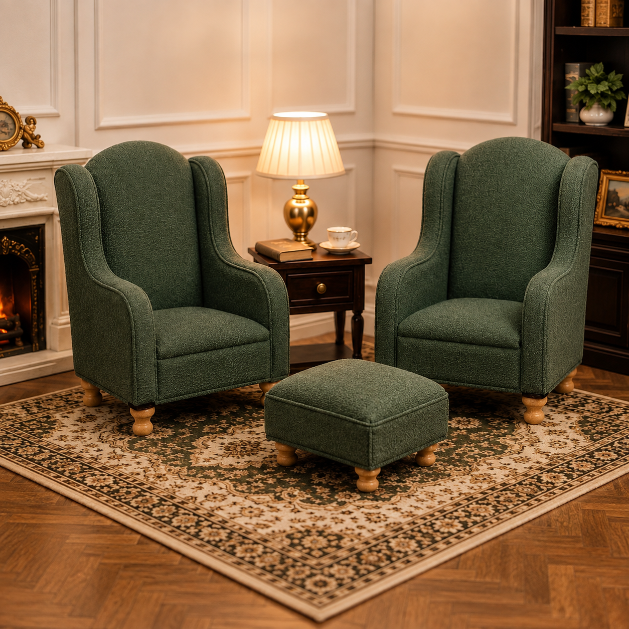 1:12 Scale Green Wingback Chair Set with Footstool | Luxury Dollhouse Lounge Furniture