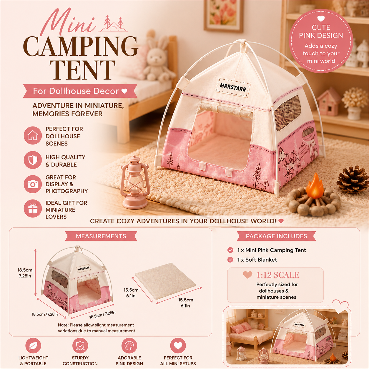 1:12 Miniature Camping Tent Dolls House Pink Glamping Tent With Blanket