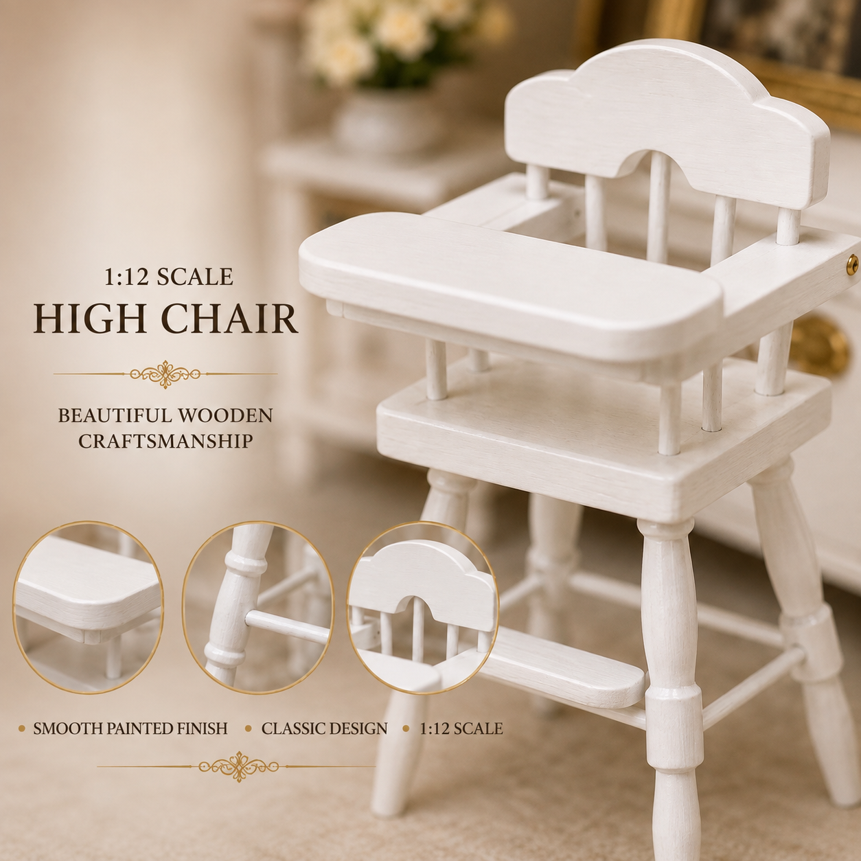 112 scale white wooden dolls house high chair