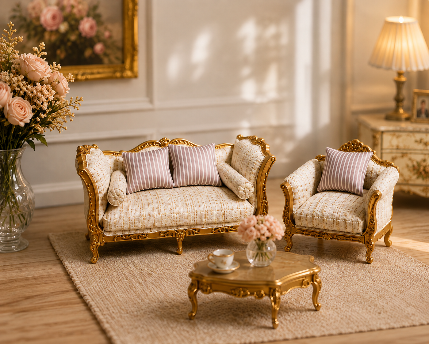 1:12 Scale French Sofa Armchair Set | Cream Gold Rococo Dollhouse Furniture