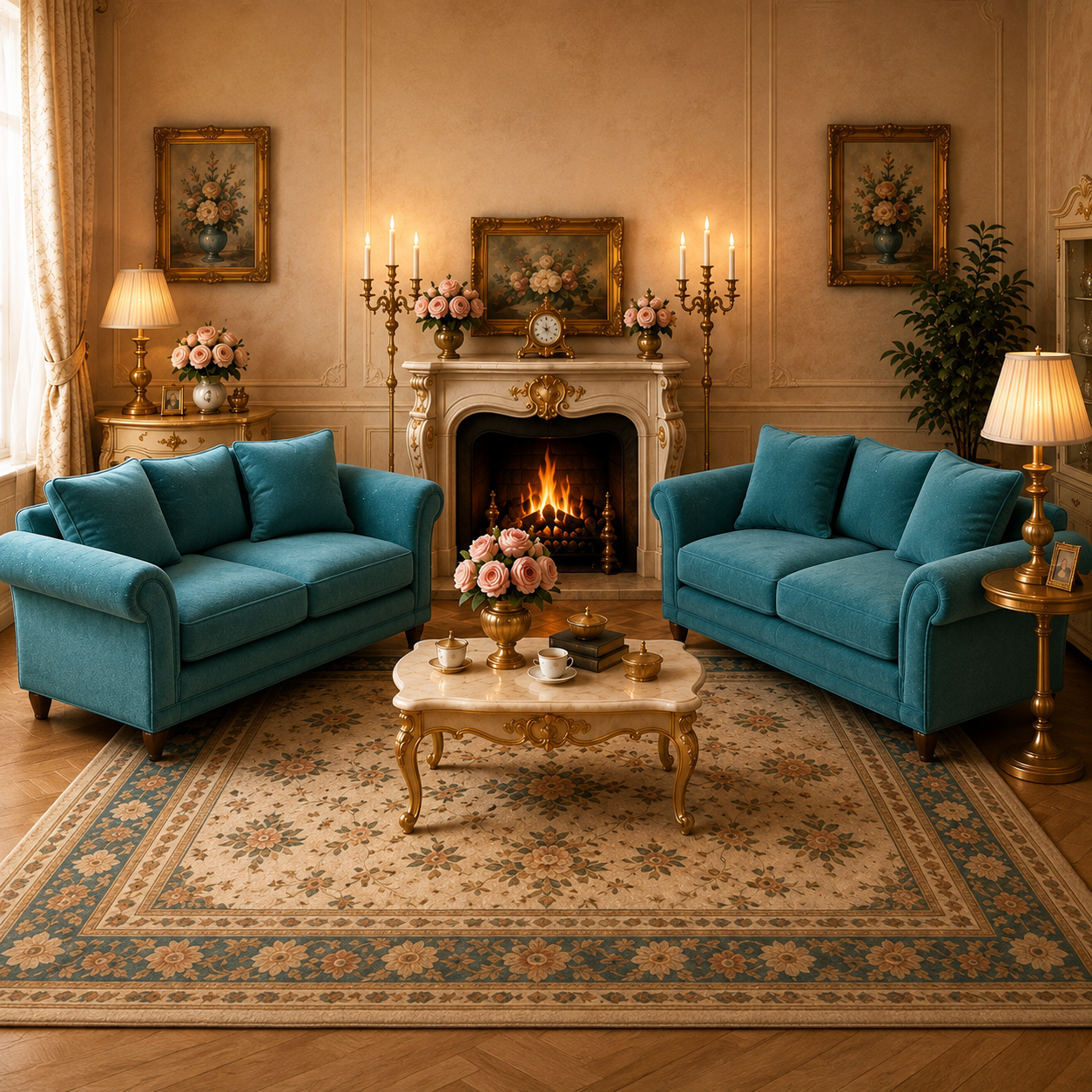 Turquoise Velvet Sofas | 1:12 Scale American Style Dollhouse Furniture Pair